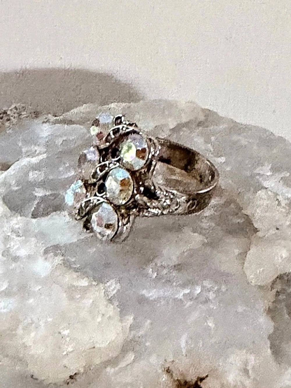 Vintage gold Tone Aurora Borealis Rhinestone Cluster Cocktail Ring adjustable